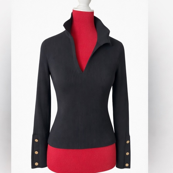 ANTHROPOLOGIE MAEVE Black Ribbed Bell Sleeve Gold Button Sweater M NWOT - Picture 2 of 7